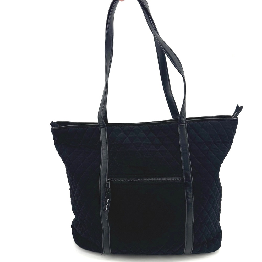 Vera Bradley Tote Work Bag Large Black Quilted Microfiber Floral Lining Zipper